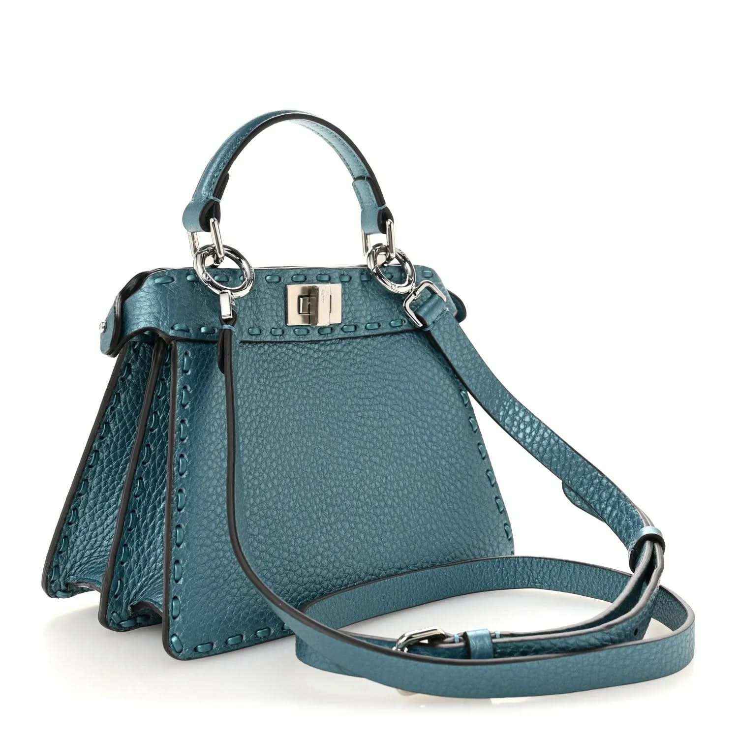 Blue leather petite satchel with front turn-lock clasp and adjustable crossbody strap.