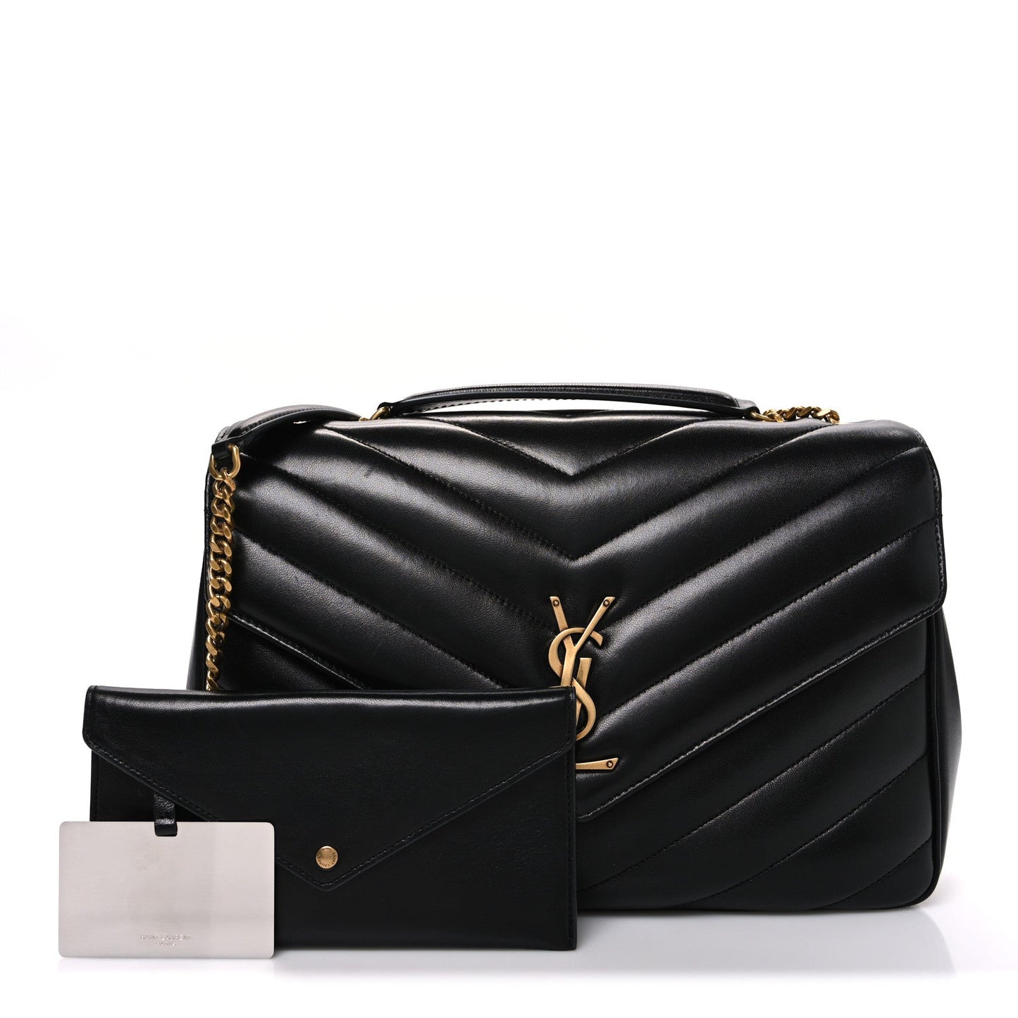 Black chevron-quilted leather shoulder bag with gold YSL clasp and chain strap