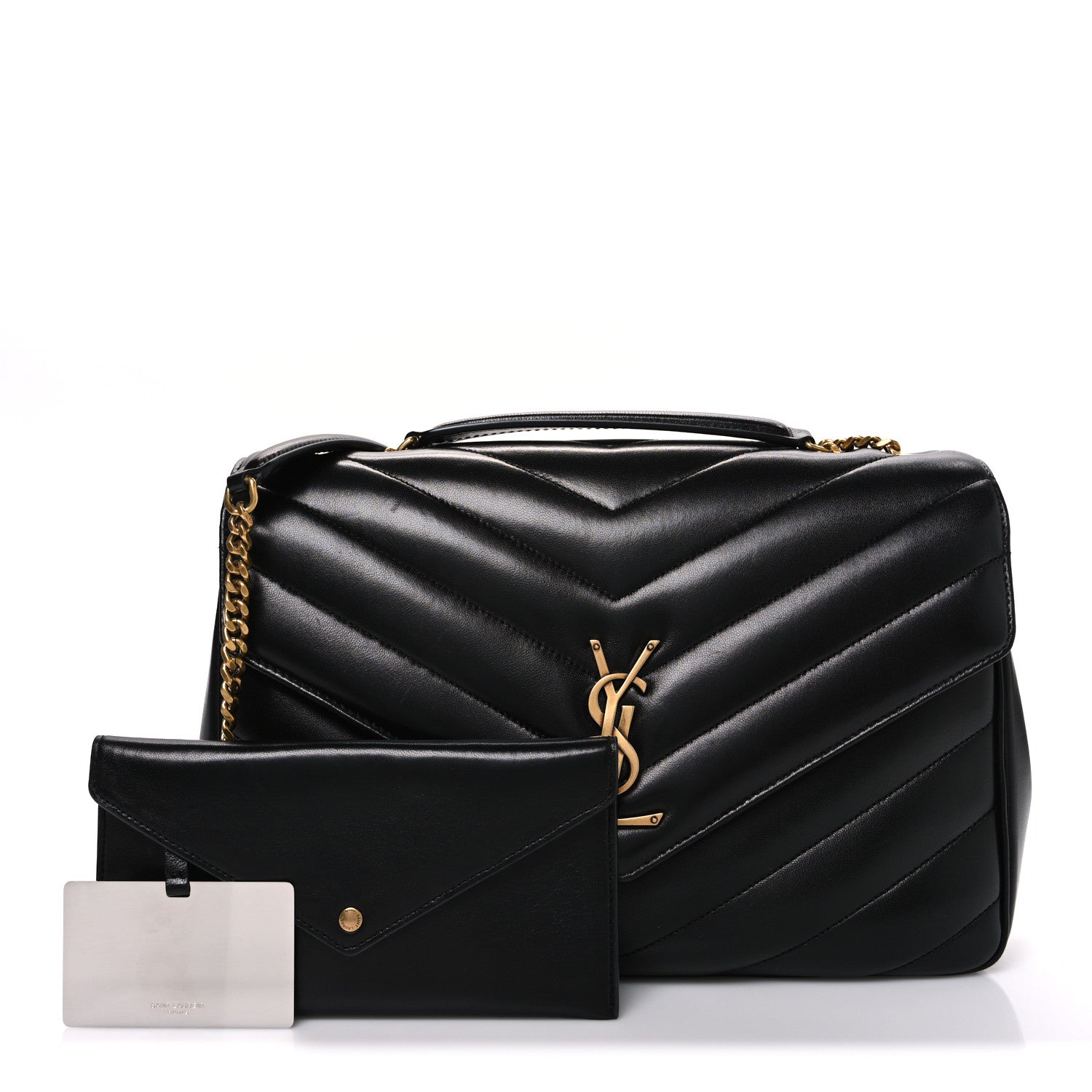 Black chevron-quilted leather shoulder bag with gold YSL clasp and chain strap