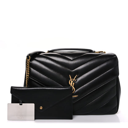 Black chevron-quilted leather shoulder bag with gold YSL clasp and chain strap