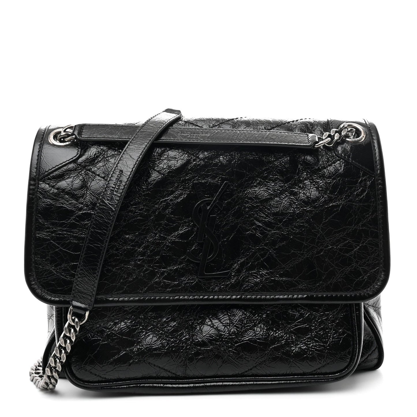 Black medium chain satchel with front flap, YSL emblem, and double strap