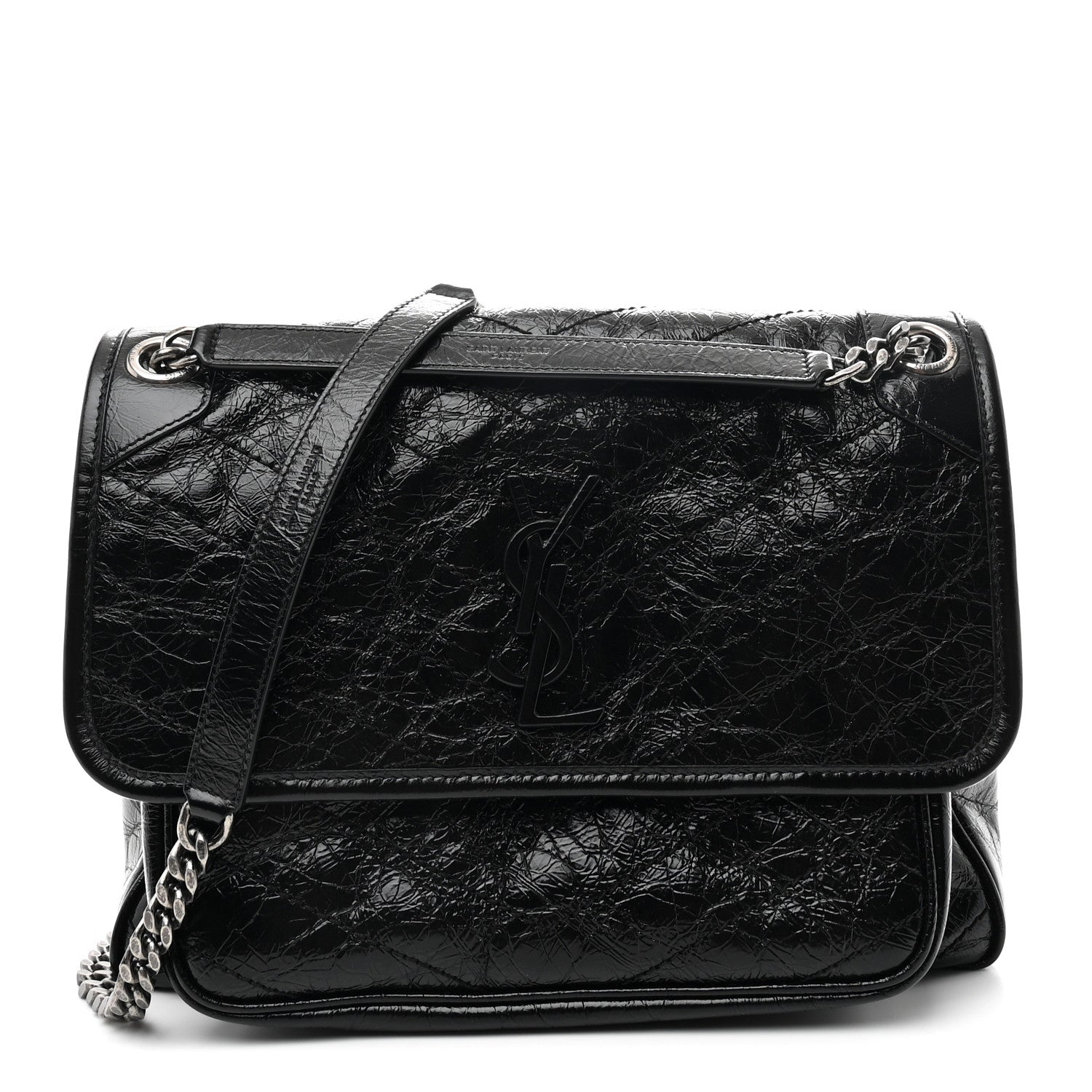 Black medium chain satchel with front flap, YSL emblem, and double strap