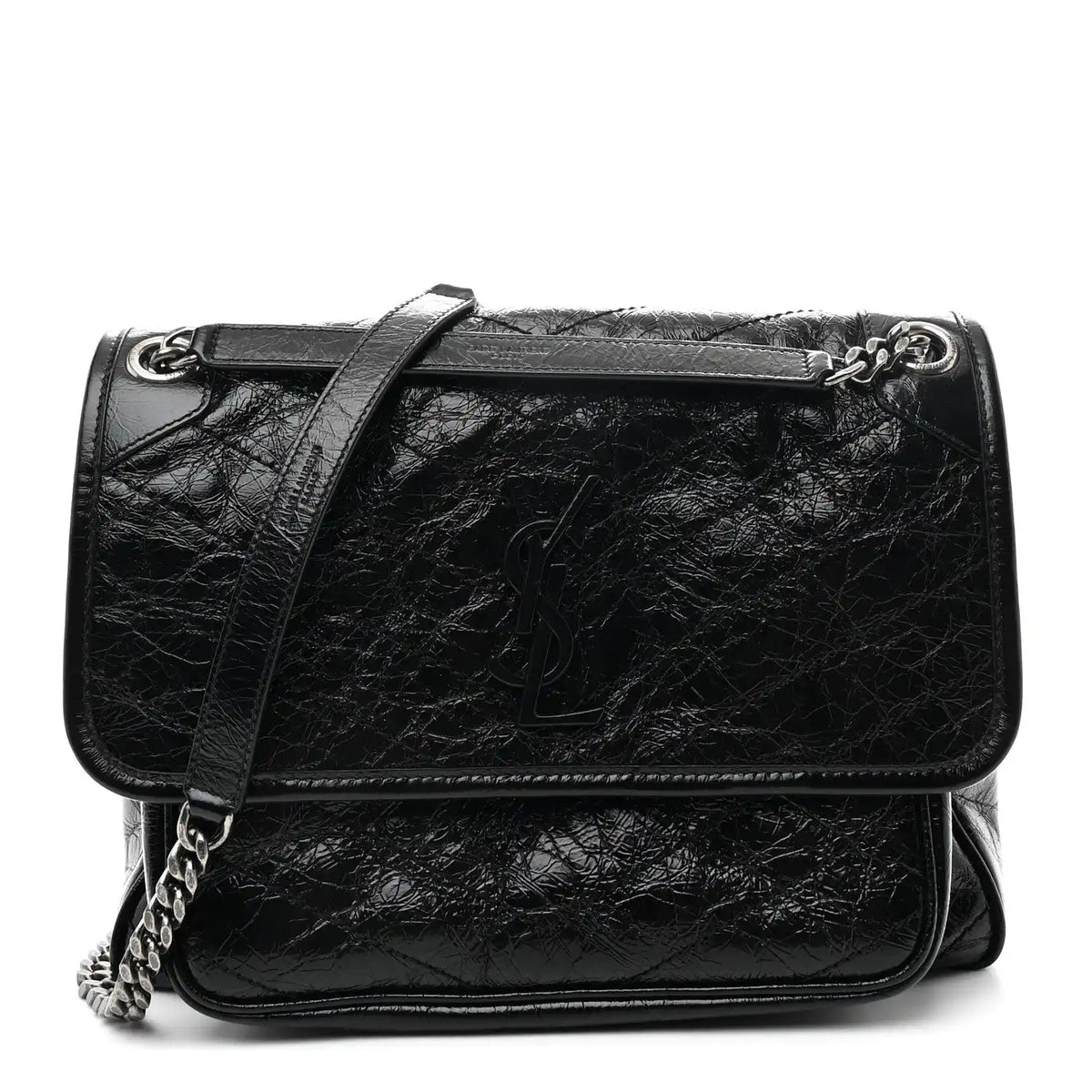 Black medium chain satchel with front flap, YSL emblem, and double strap