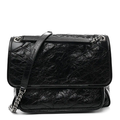 Black medium chain satchel with front flap, YSL emblem, and double strap