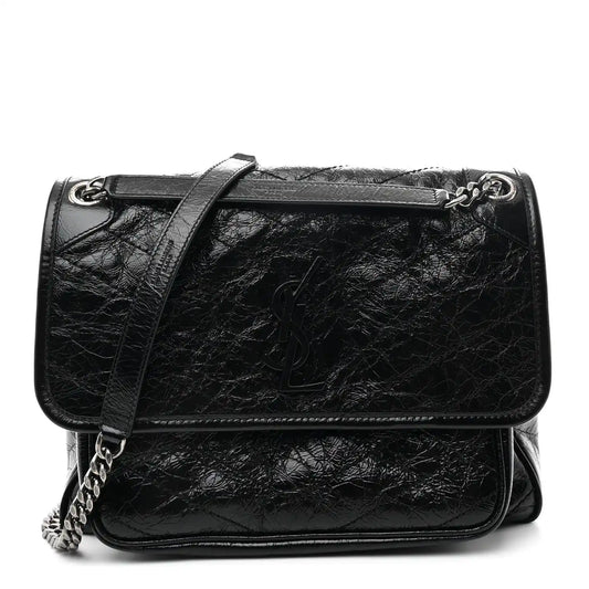 Black medium chain satchel with front flap, YSL emblem, and double strap