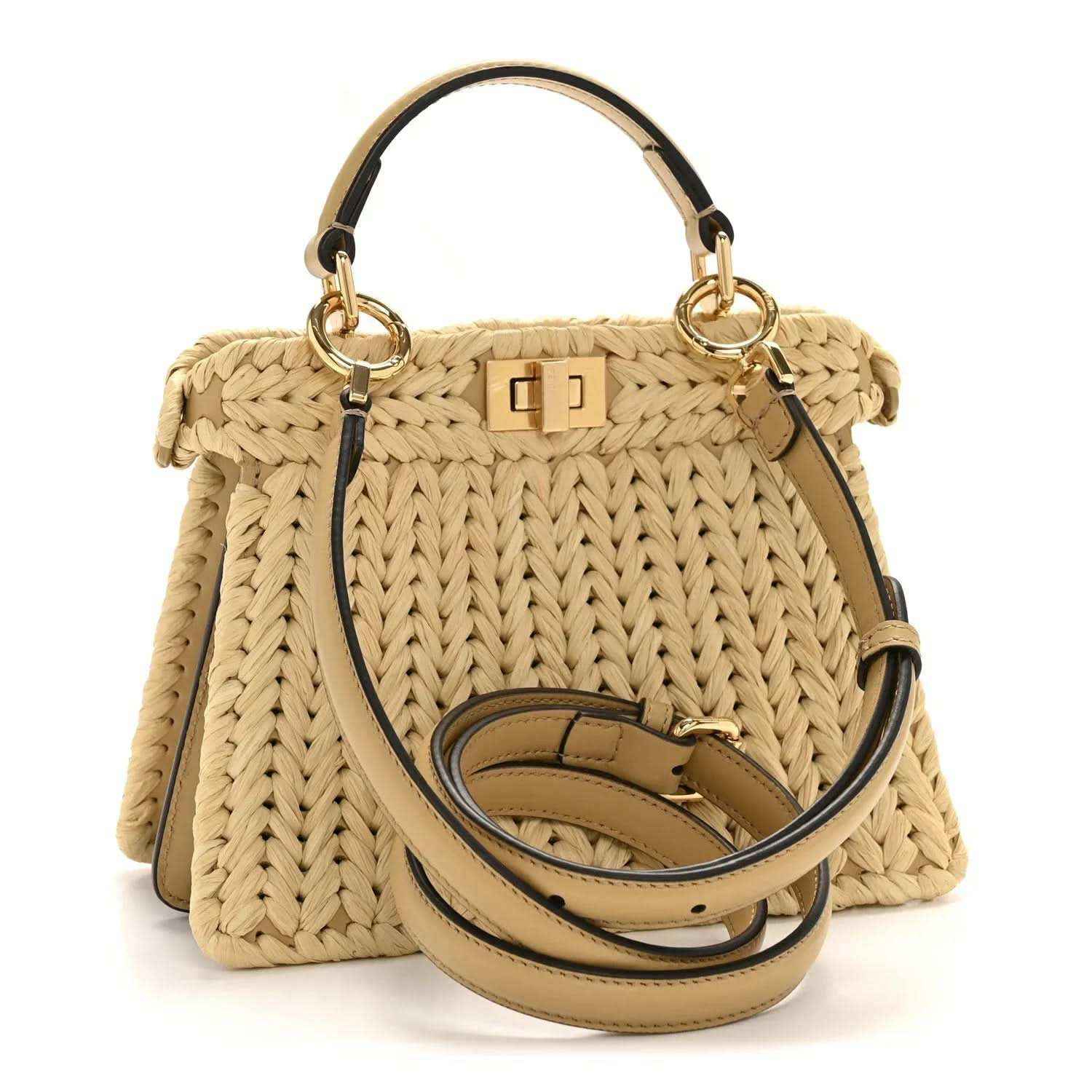 Petite raffia satchel bag with tan leather strap and gold-tone hardware and clasp.