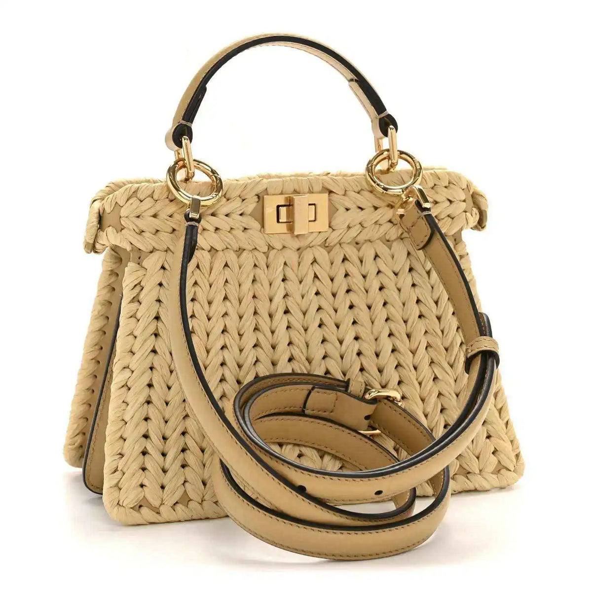 Petite raffia satchel bag with tan leather strap and gold-tone hardware and clasp.