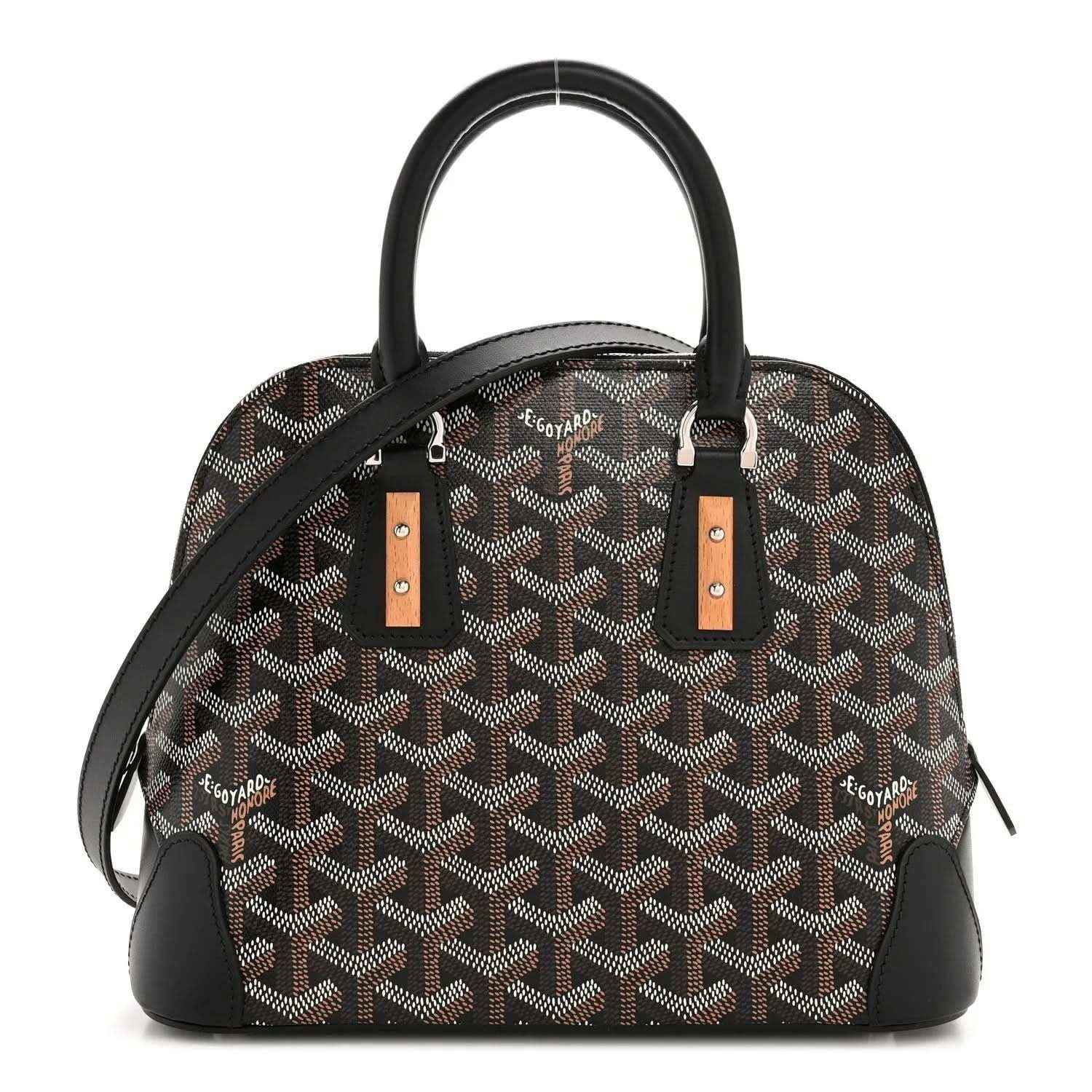 Mini handbag with brown-and-black monogram canvas, black top handles, leather trim