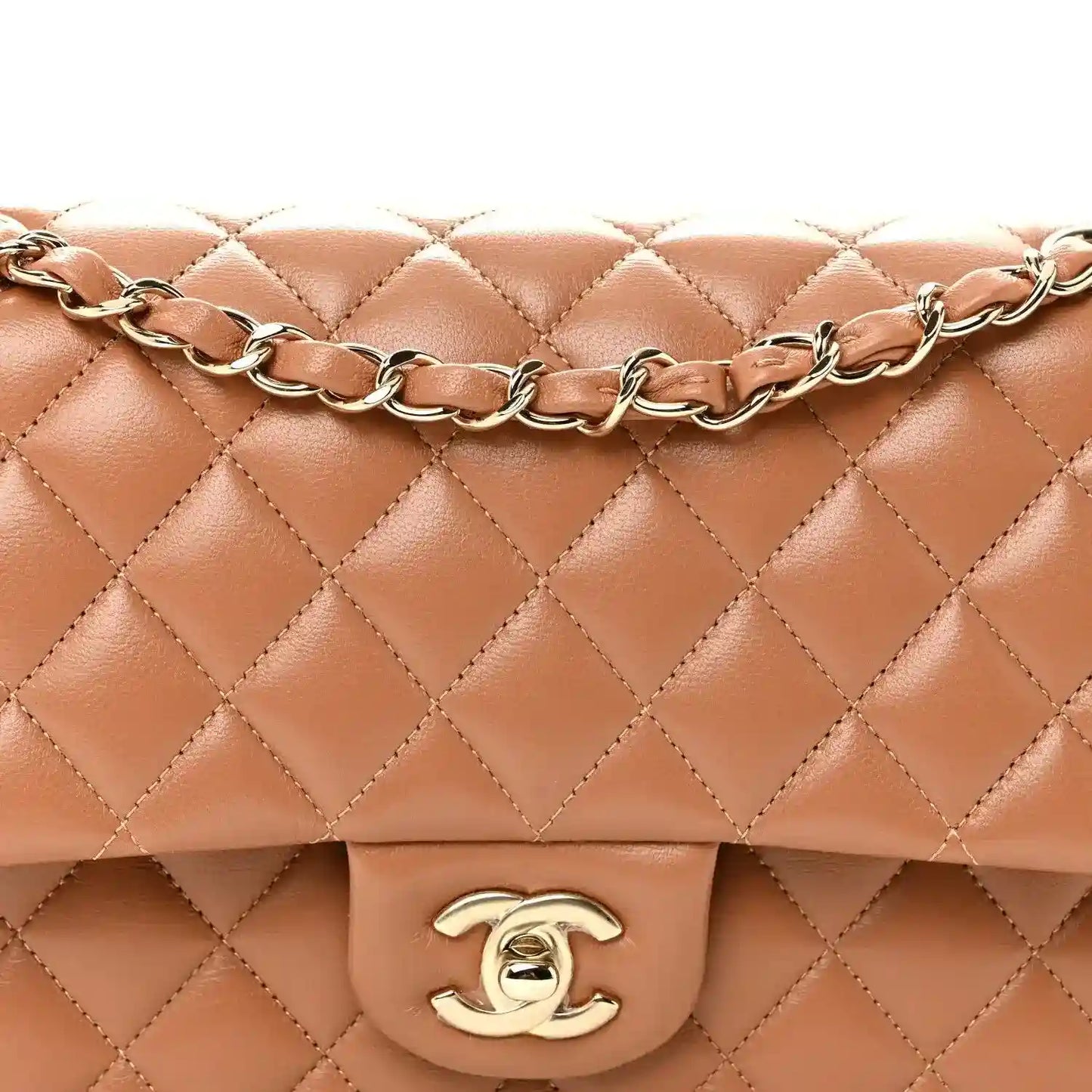 Chanel quilted lambskin double flap front with CC turn-lock on tan-brown leather