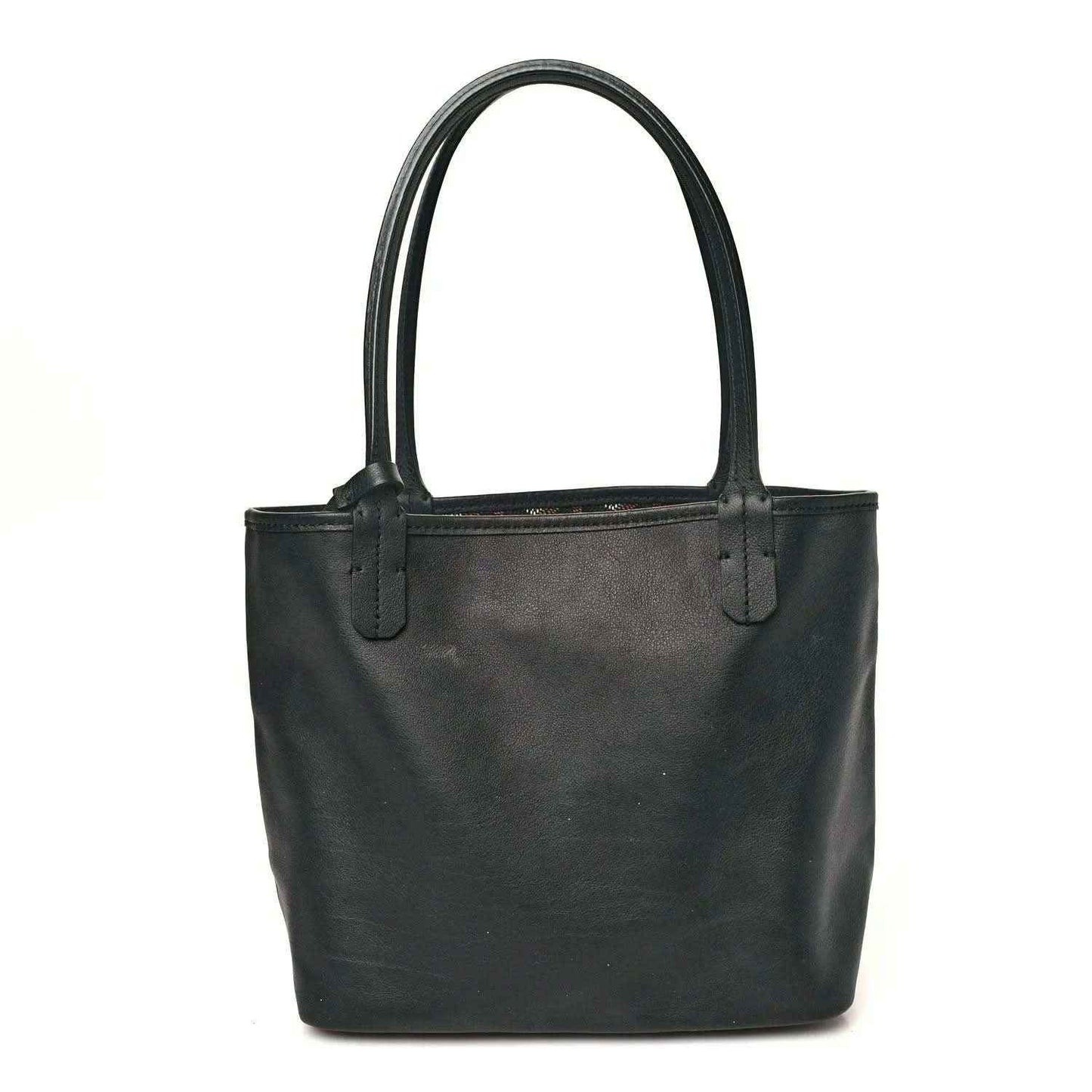 Mini tote bag in black leather with two top handles and central seam
