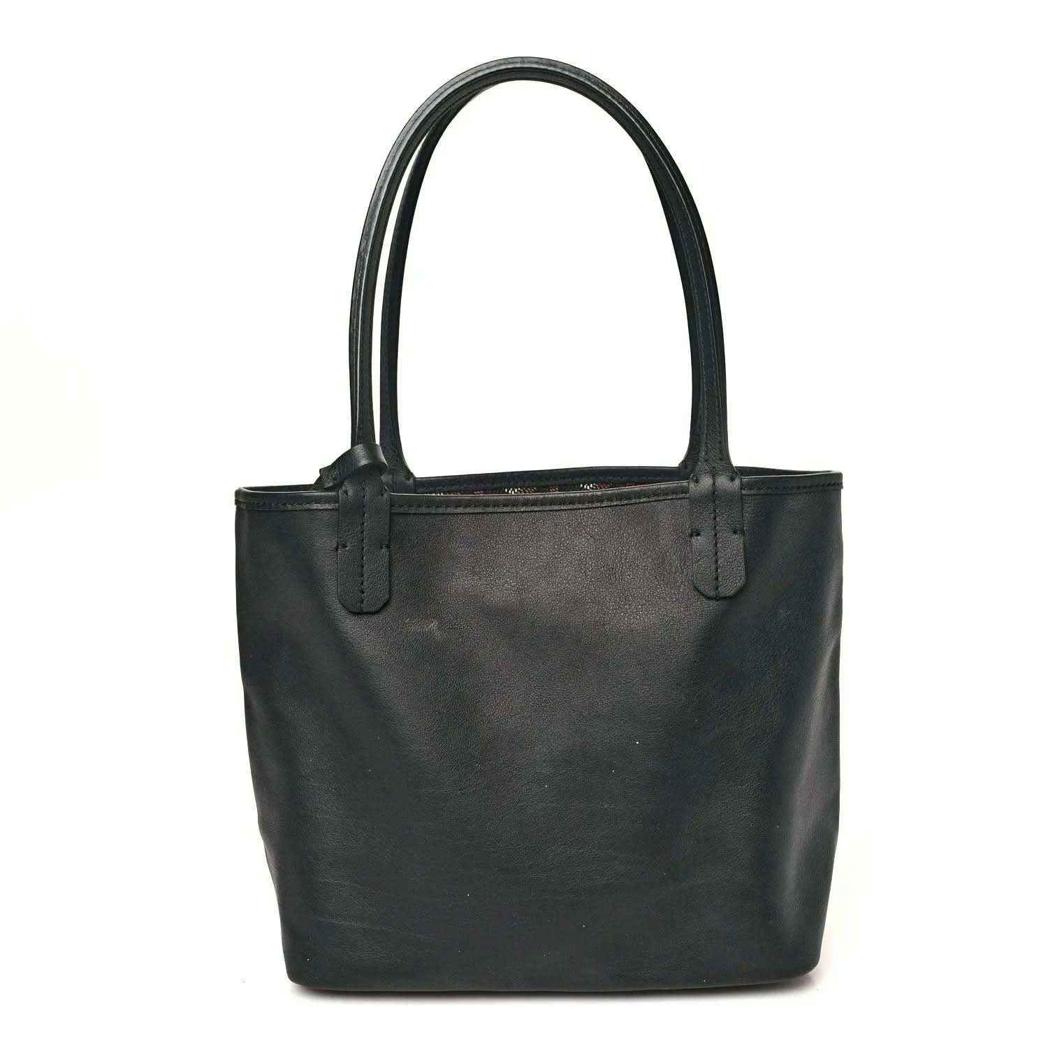 Mini tote bag in black leather with two top handles and central seam