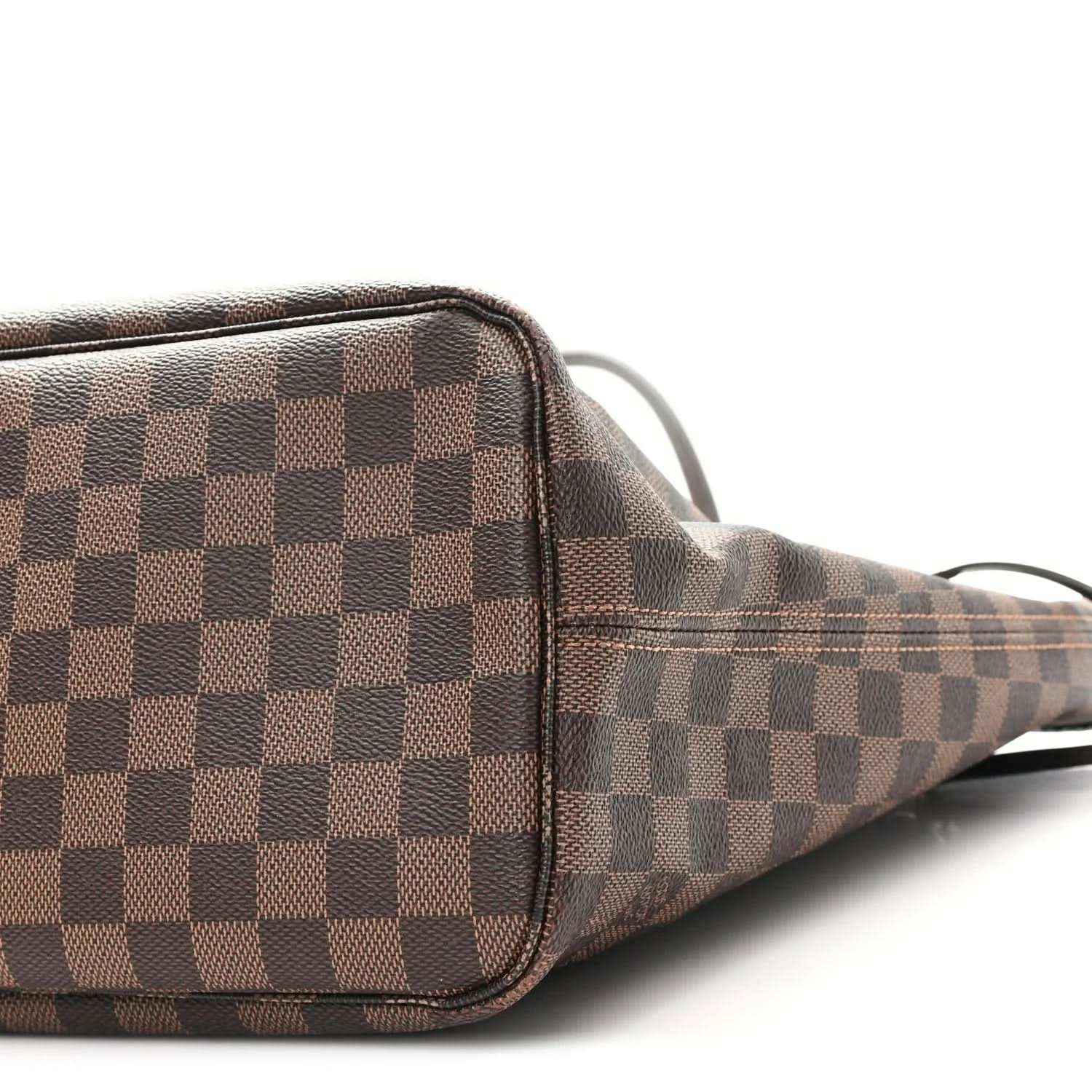 Damier Ebene tote end with brown checkered canvas, leather piping, and strap ring