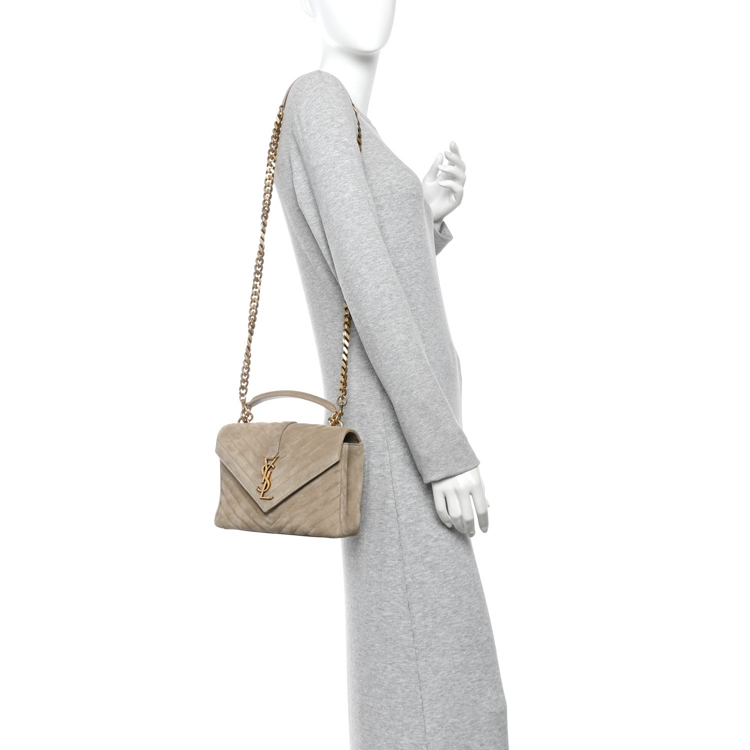 Taupe suede quilted mini college bag with chain strap worn crossbody