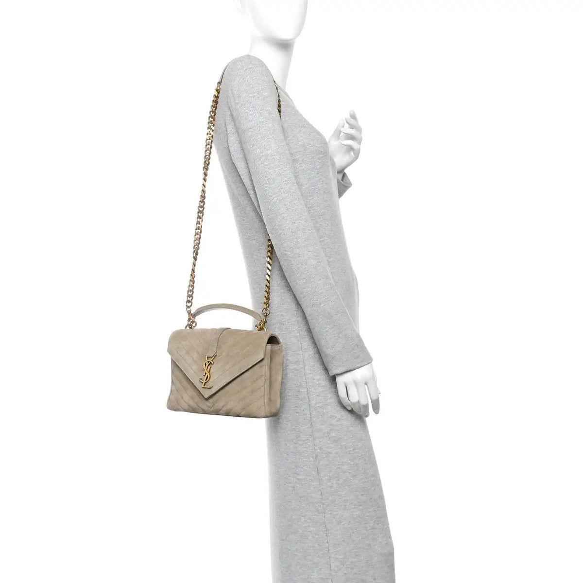 Taupe suede quilted mini college bag with chain strap worn crossbody