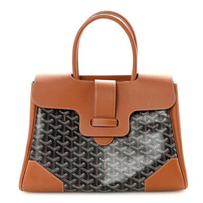Goyard Saigon tote handbag with tan leather trim and dark monogram canvas front