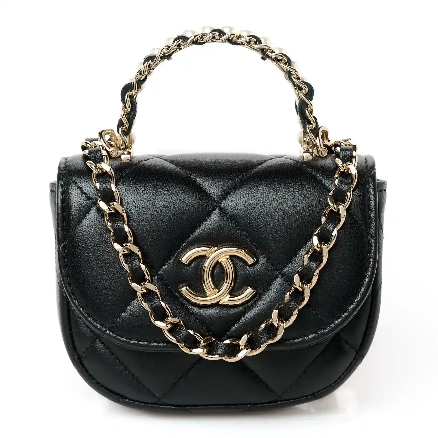 Black quilted leather clutch with gold CC emblem and linked shoulder chain