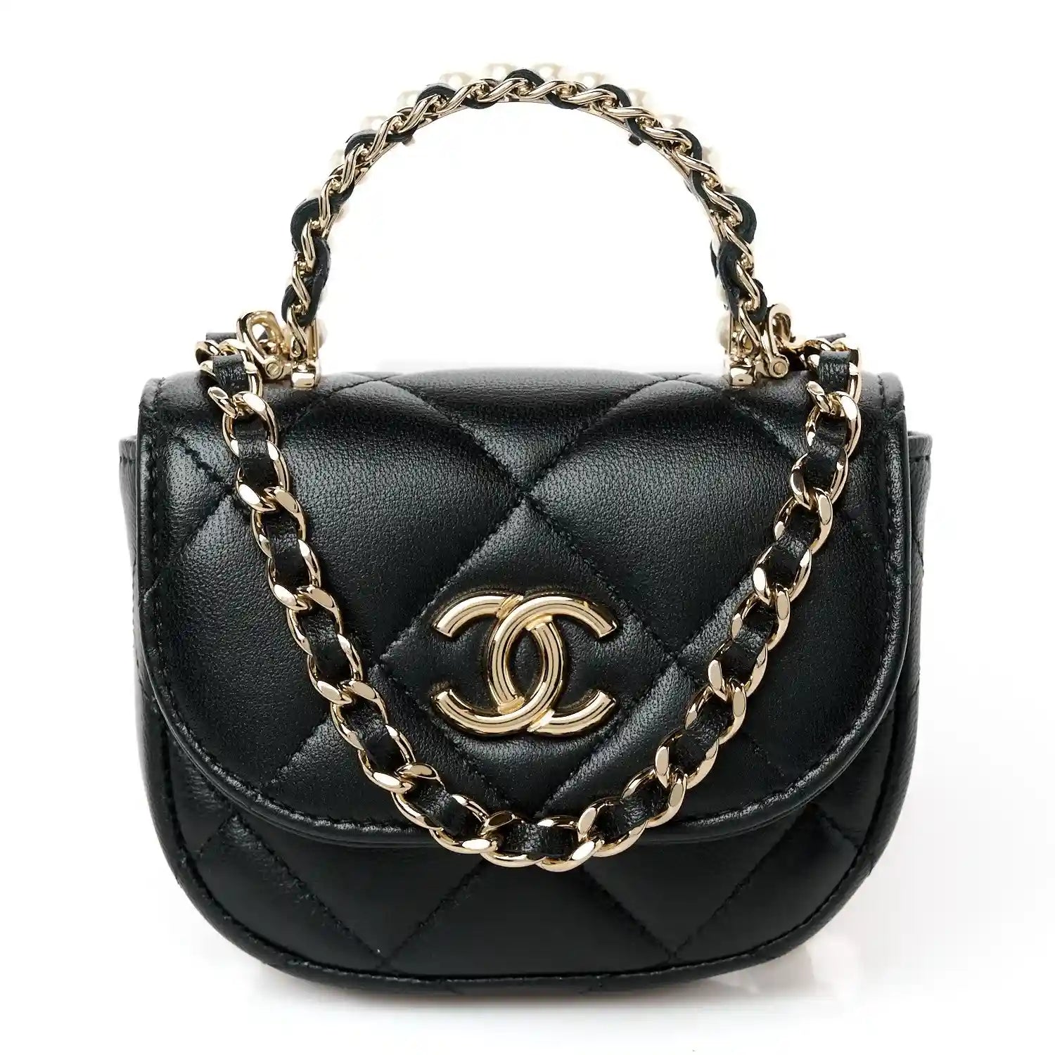 Black quilted leather clutch with gold CC emblem and linked shoulder chain
