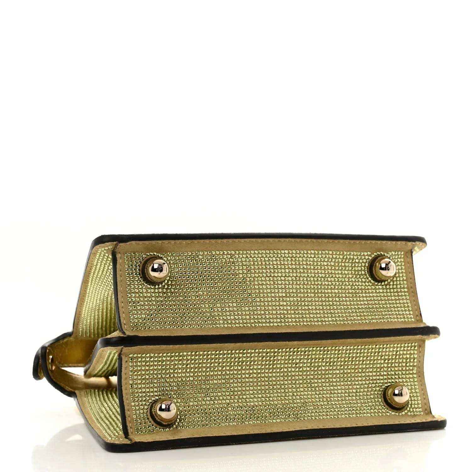 Gold crystal-embellished satchel with double flap and jeweled snap hardware