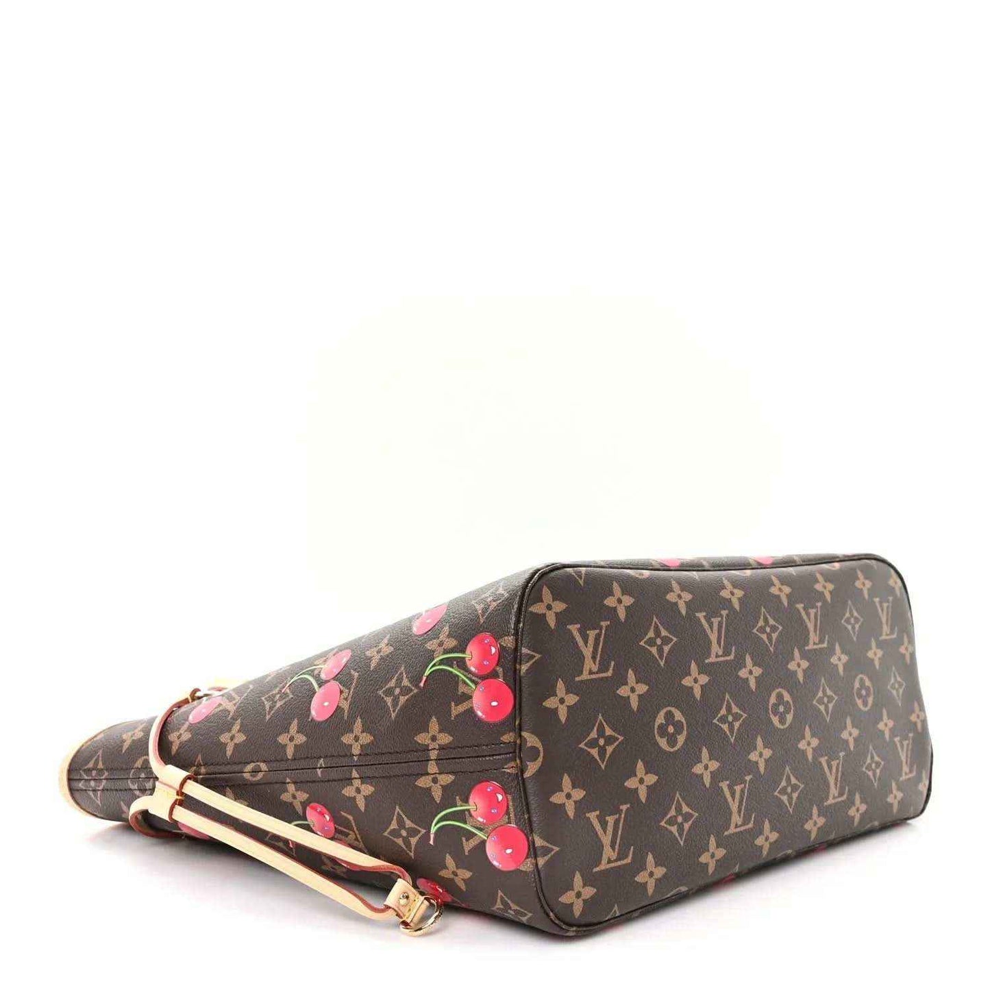 Cherry-print monogram tote bag, angled view showing base and front edge.