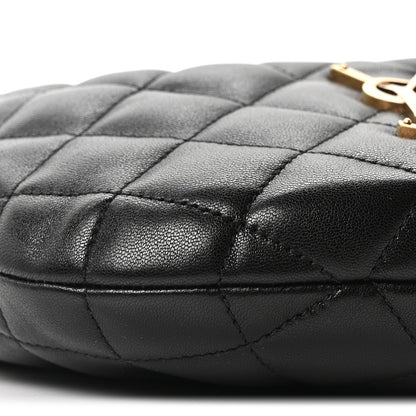 Quilted black leather bag with stitched diamond pattern