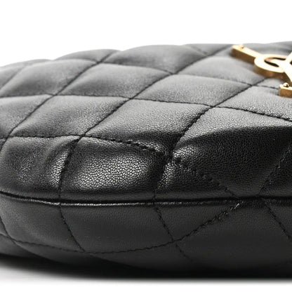 Quilted black leather bag with stitched diamond pattern
