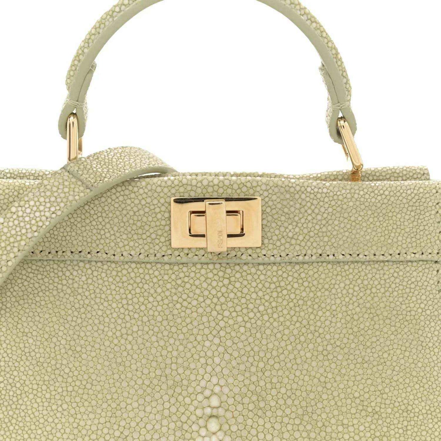 Fendi light green leather satchel top view with gold-tone front clasp