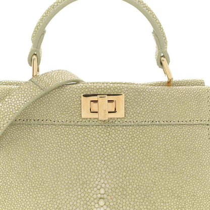 Fendi light green leather satchel top view with gold-tone front clasp