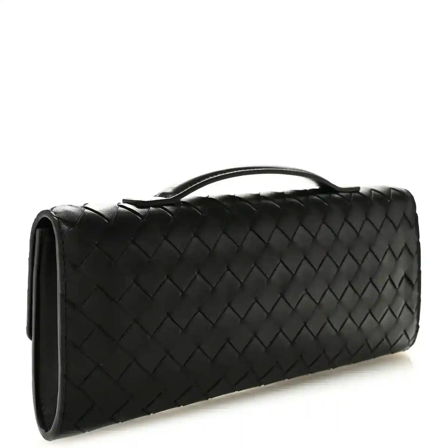 Black woven leather long clutch bag with top handle