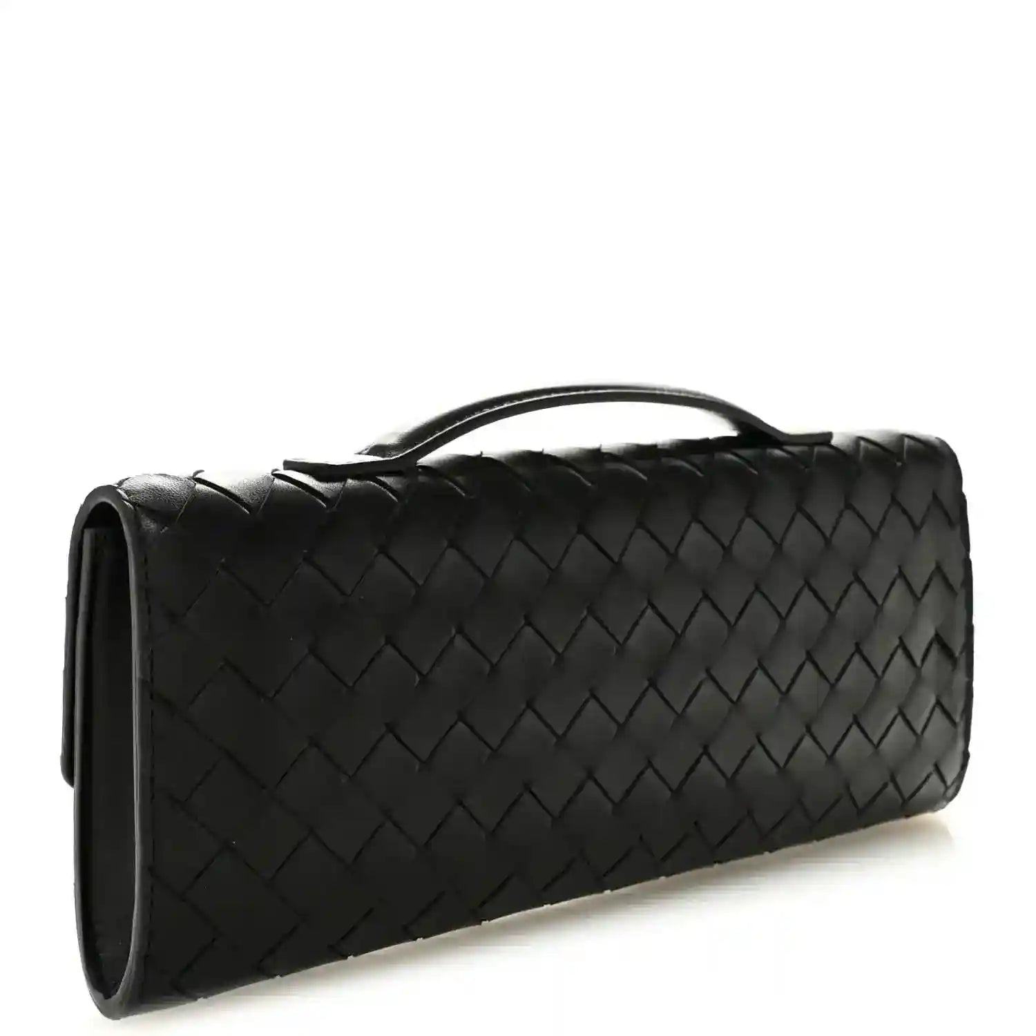Black woven leather long clutch bag with top handle