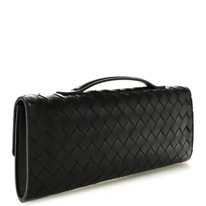 Black woven leather long clutch bag with top handle