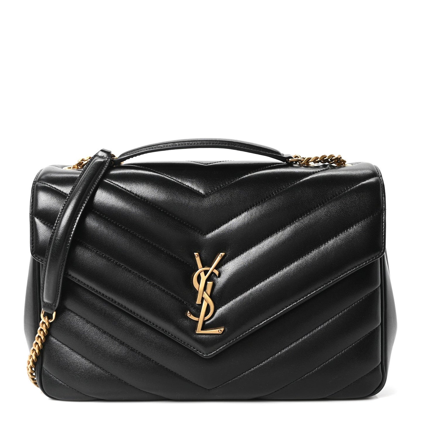 Black chevron quilted lambskin shoulder bag with YSL gold logo, chain strap, top flap
