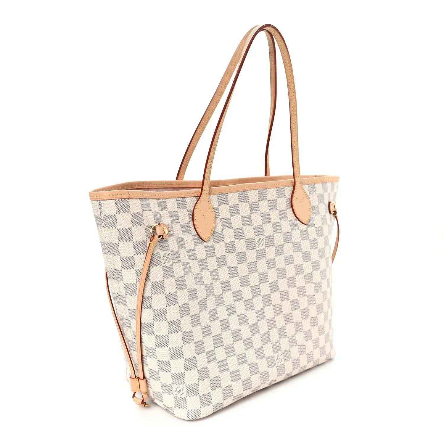Louis Vuitton Damier Azur checkered tote bag with pink leather straps and side pouch