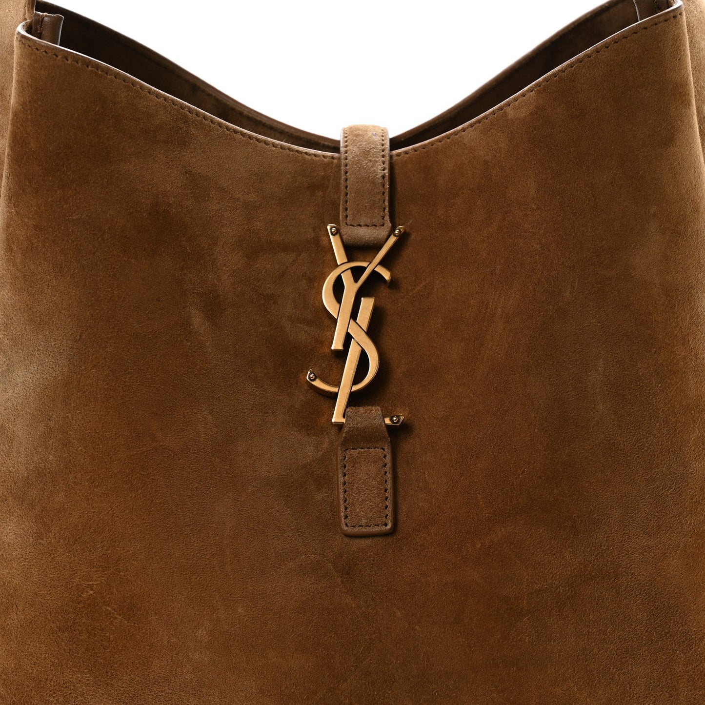 Suede hobo bag top view with YSL hardware clasp and leather tab