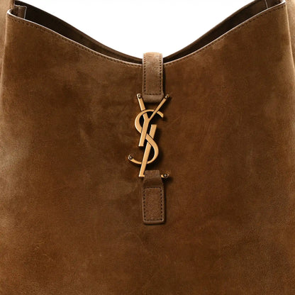 Suede hobo bag top view with YSL hardware clasp and leather tab