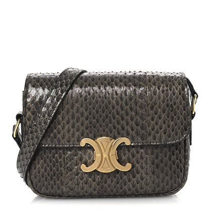 Grey snakeskin shoulder bag with flap and gold C clasp