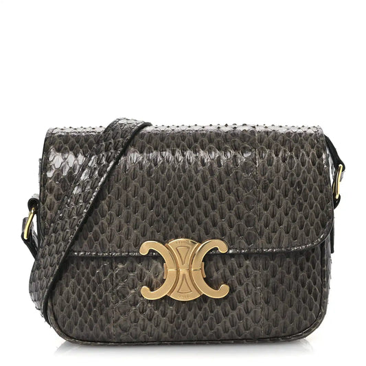 Grey snakeskin shoulder bag with flap and gold C clasp