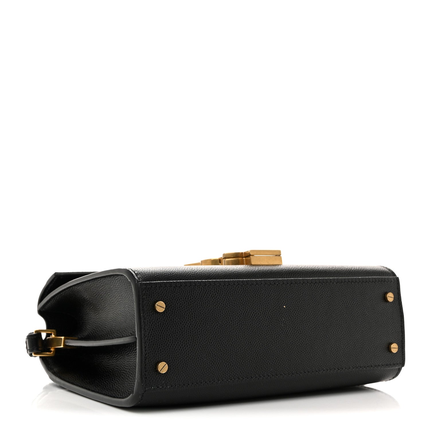 Black leather mini top-handle bag with gold studs and flap opening.
