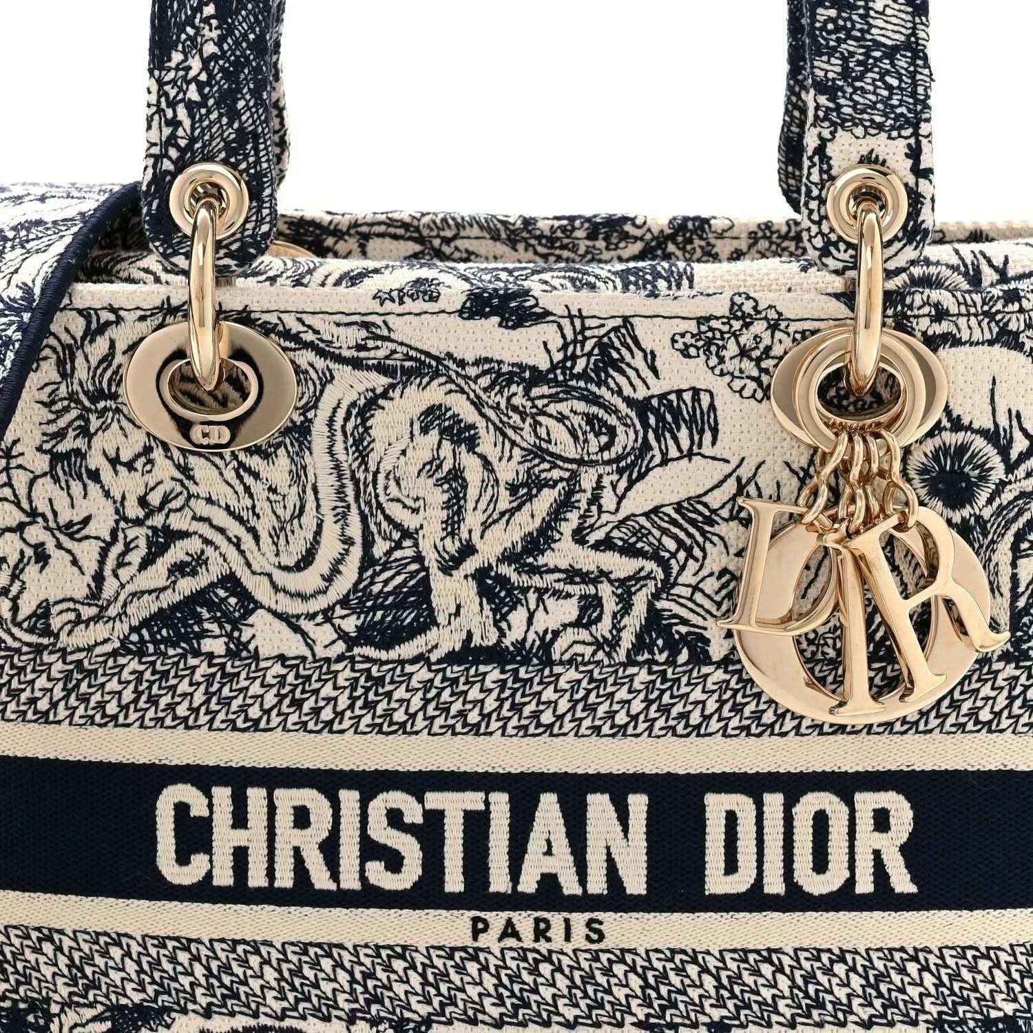 Blue toile de Jouy handbag close-up with gold rings, tassel charm, and “CHRISTIAN DIOR” text.