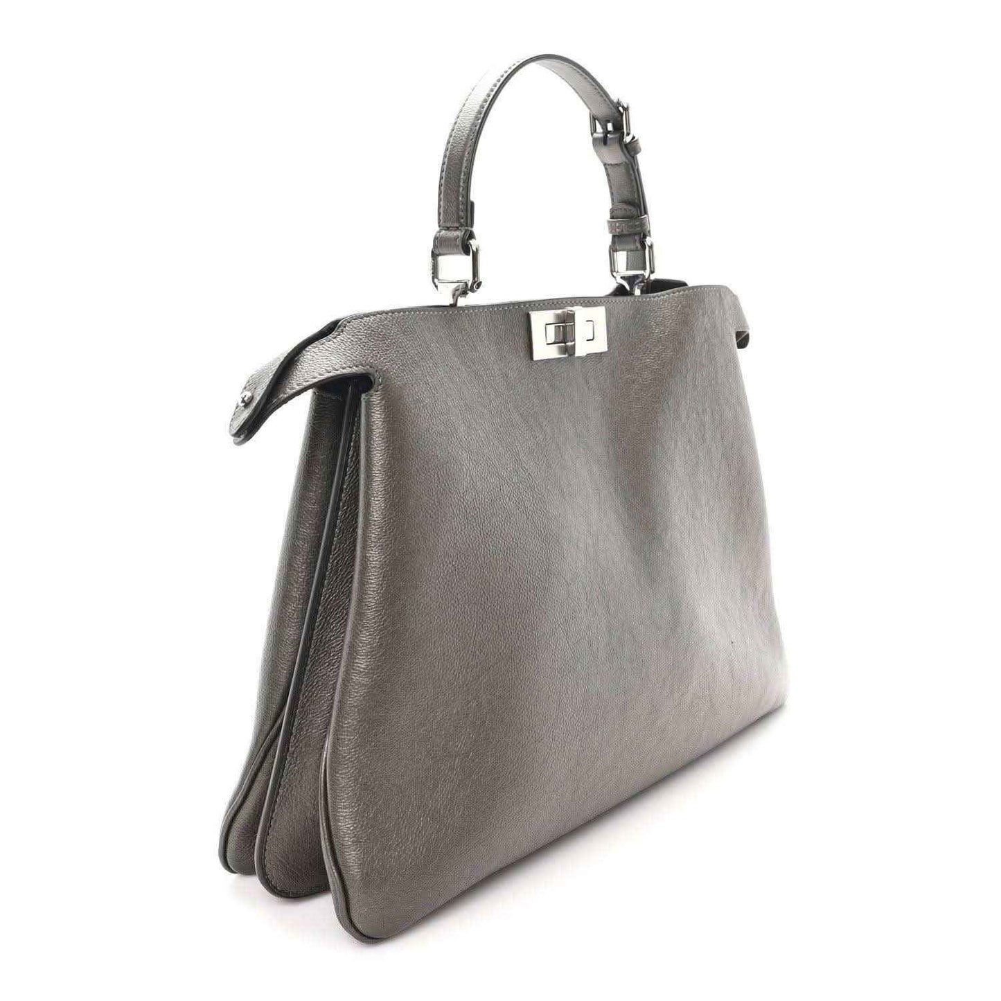 Fendi Peekaboo leather tote in tortora, side view with top handles and turn-lock clasp