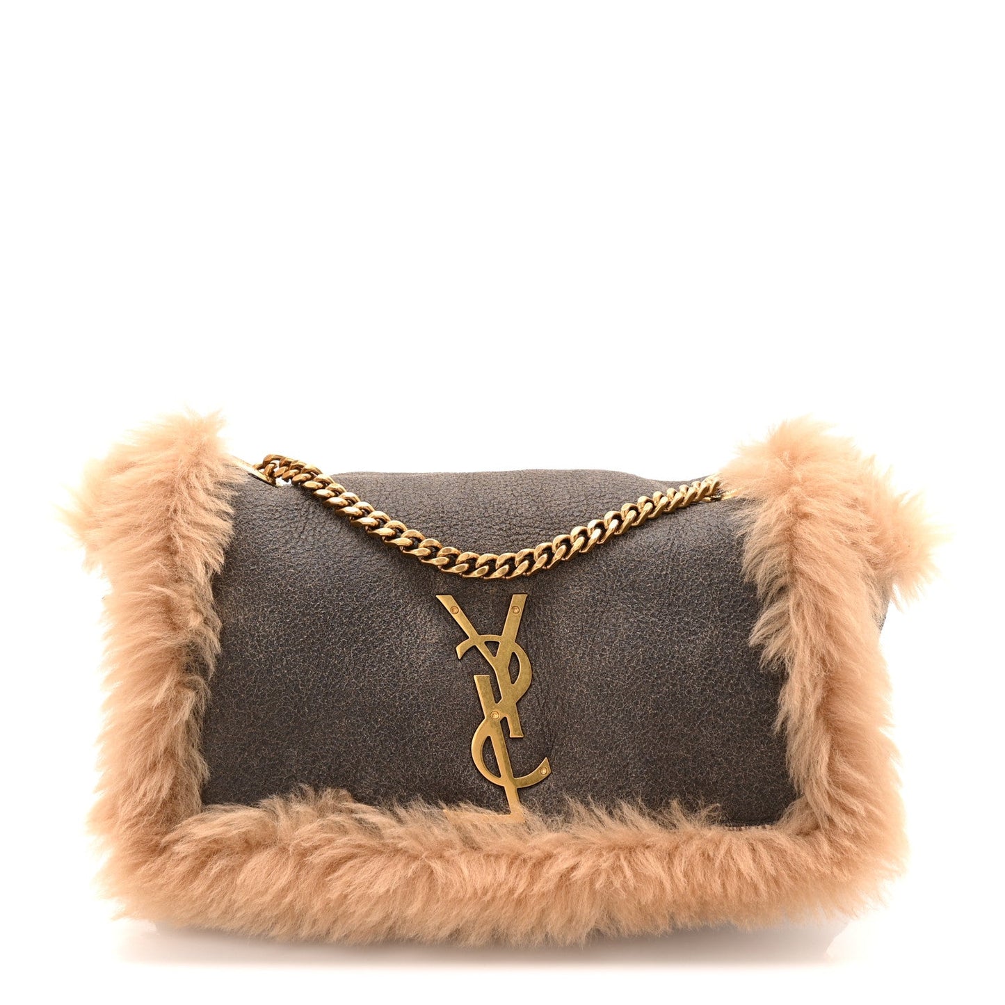 Reversible shearling satchel with gold chain strap, dark side with YSL monogram