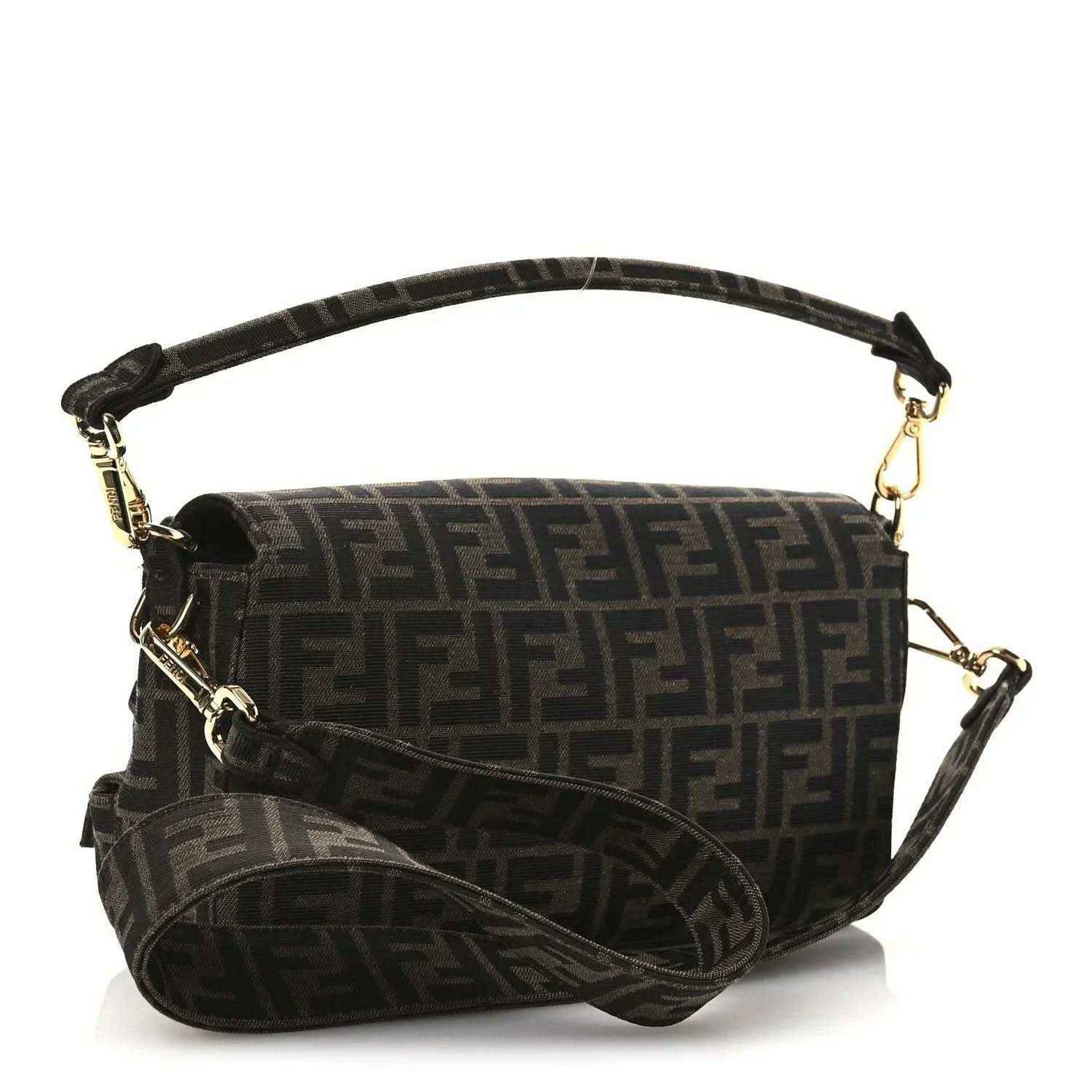 Fendi FF jacquard baguette bag with flap and adjustable shoulder strap, dark brown pattern