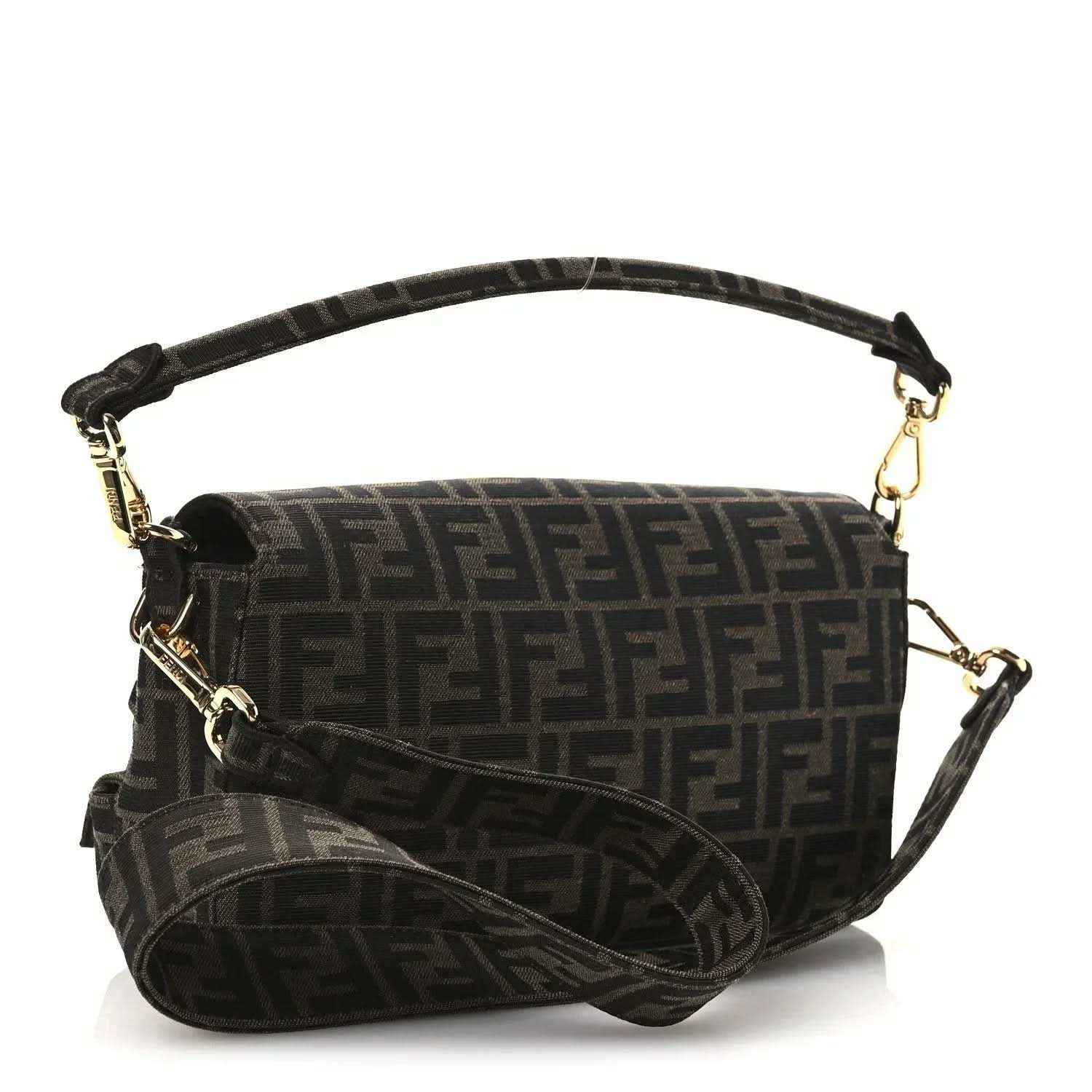 Fendi FF jacquard baguette bag with flap and adjustable shoulder strap, dark brown pattern
