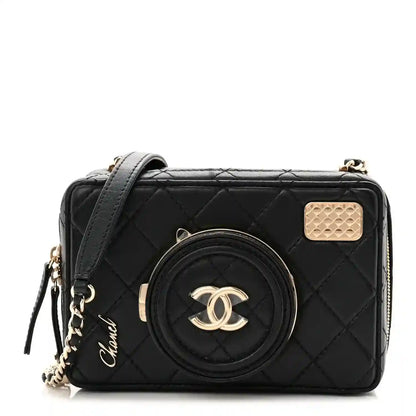 Black quilted lambskin crossbody bag with round CC medallion and gold-tone hardware