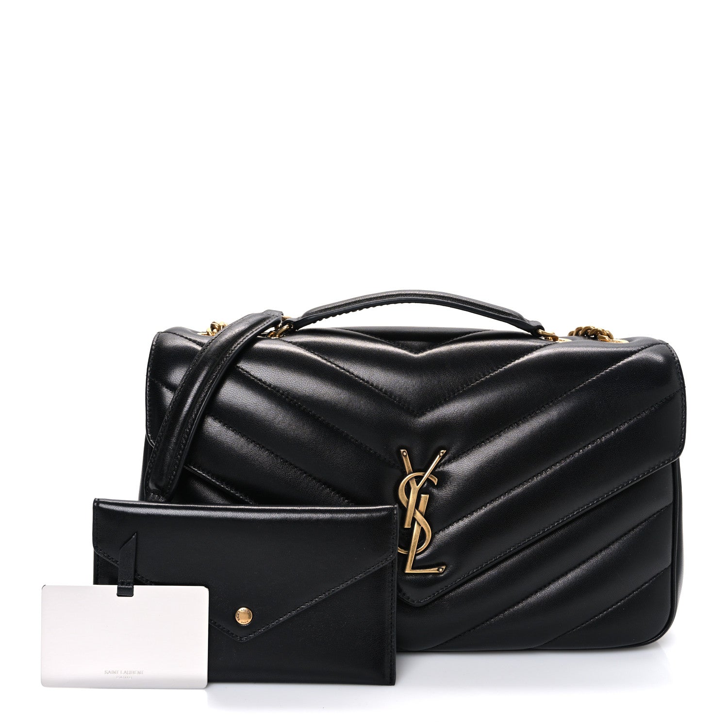 Black quilted shoulder bag with YSL clasp and chevron quilting, shown front view