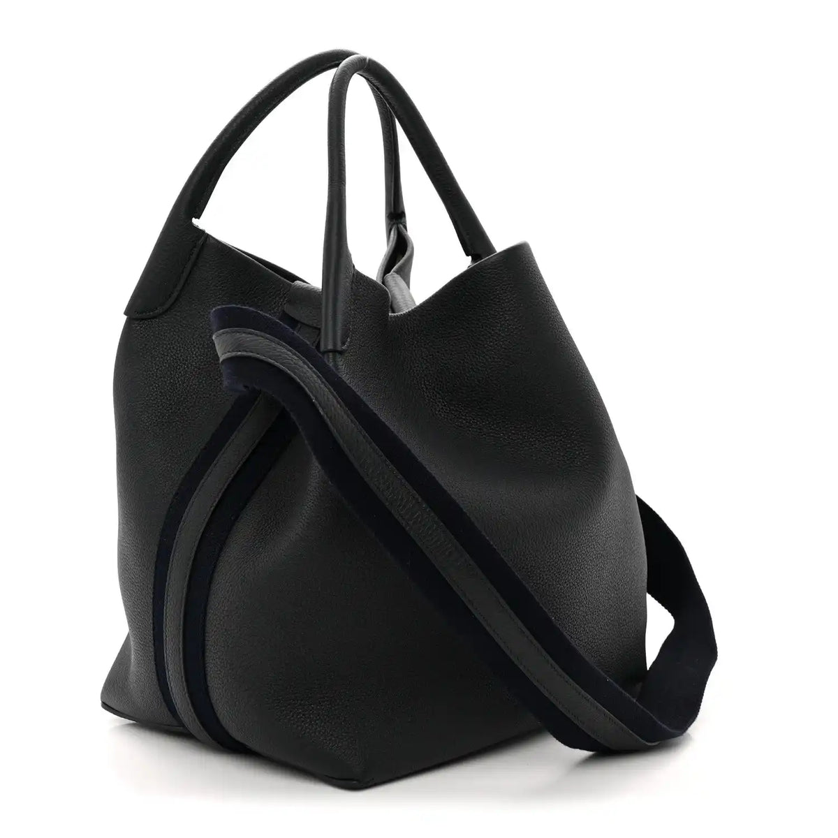 Large hobo-style dark navy tote bag with crossbody strap and curved silhouette