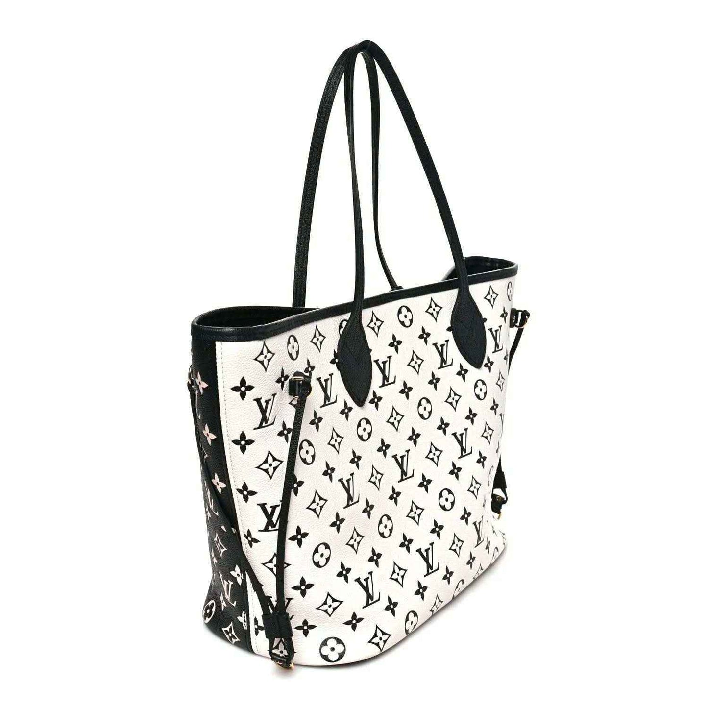 Neverfull MM tote bag with black-and-white monogram print and hanging leather strap