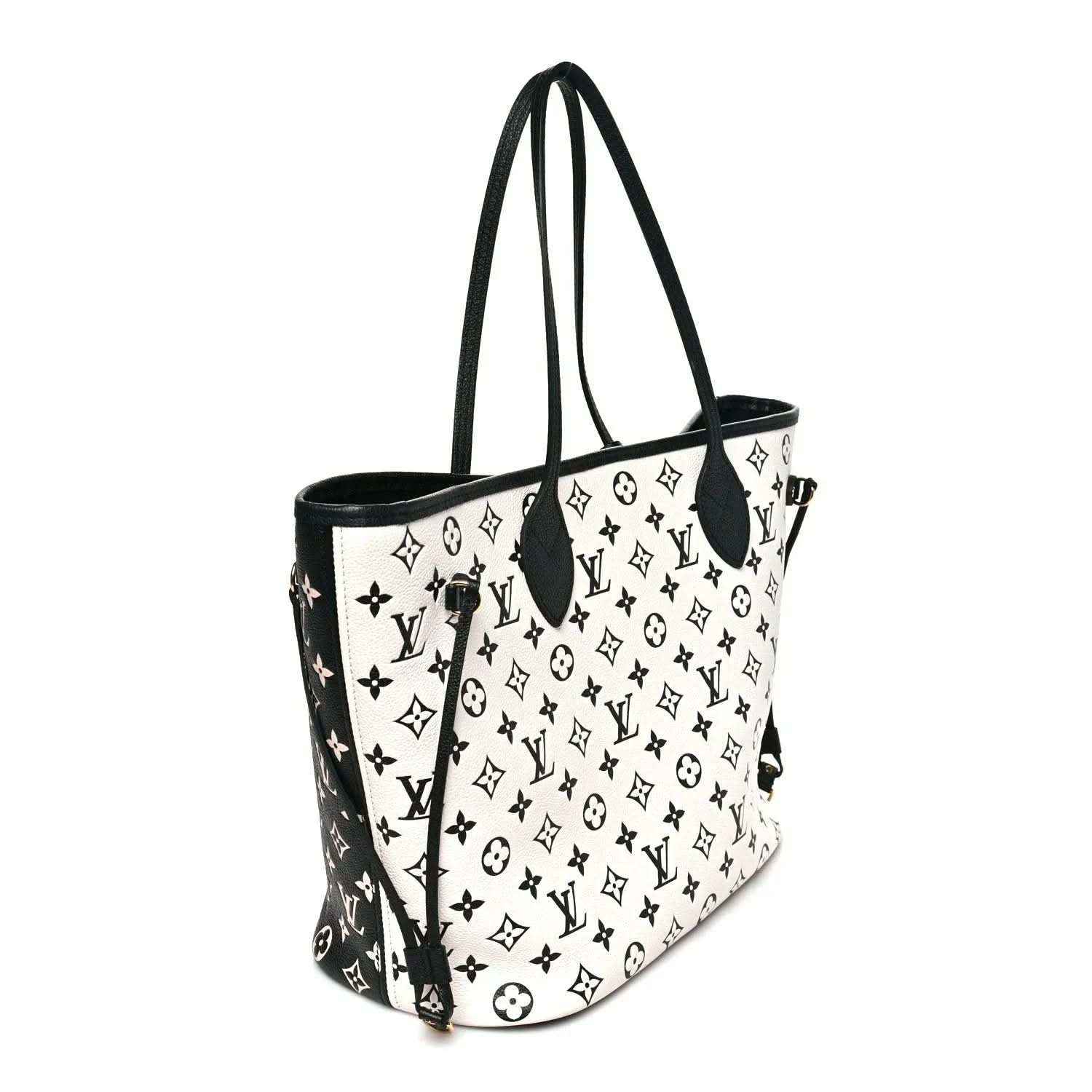 Neverfull MM tote bag with black-and-white monogram print and hanging leather strap