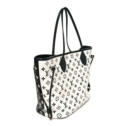 Neverfull MM tote bag with black-and-white monogram print and hanging leather strap