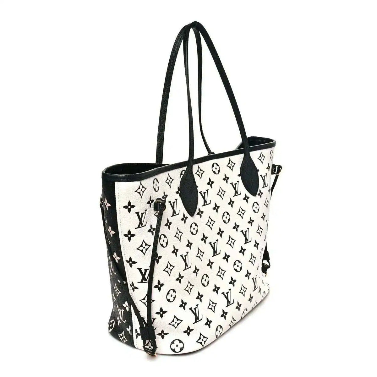 Neverfull MM tote bag with black-and-white monogram print and hanging leather strap