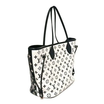 Neverfull MM tote bag with black-and-white monogram print and hanging leather strap
